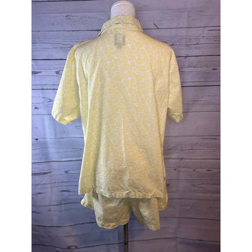 GAP Yellow Floral 2 Piece Pajama Set Womens L Cotton Button Up Top Shorts - Picture 4 of 8